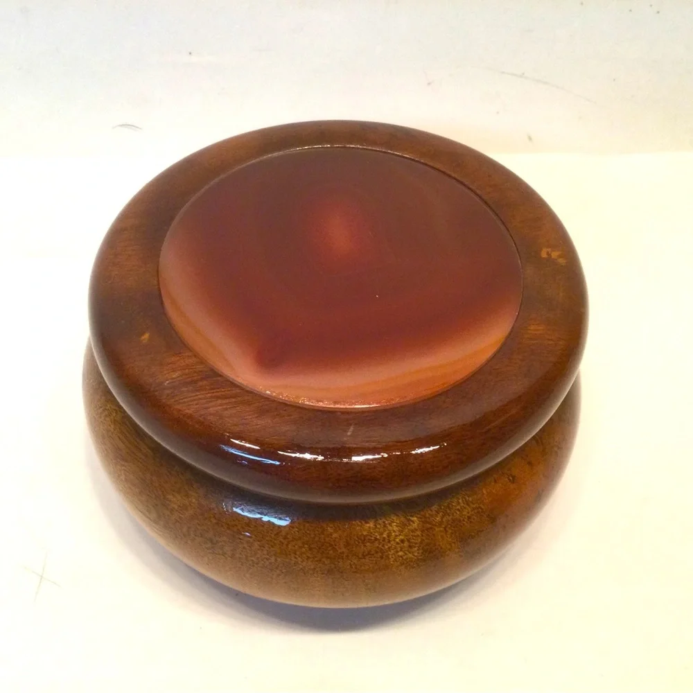 Vintage Hand Crafted Mahogany Trinket Box w/ Agate Inlay Lid - Made in Brazil